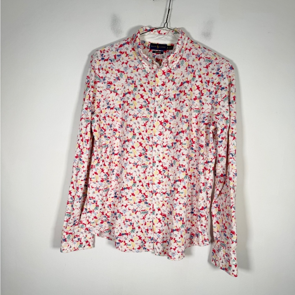 Ralph Lauren Women’s Size Extra Large XL Knit Oxford Floral Pattern Button Down